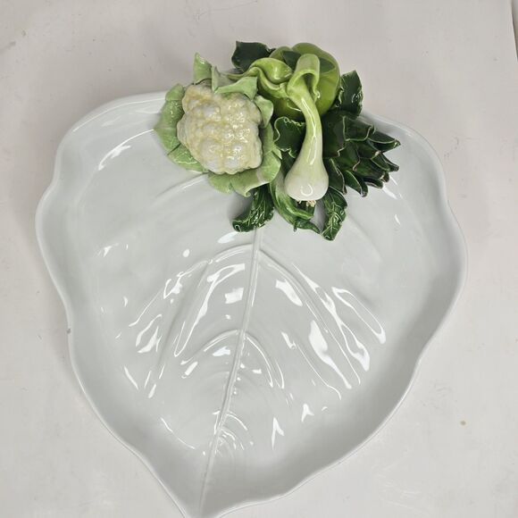 VTG White Leaf Plate Dish W/ 3D Vegetables Italy Cauliflower Artichoke - Picture 2 of 16